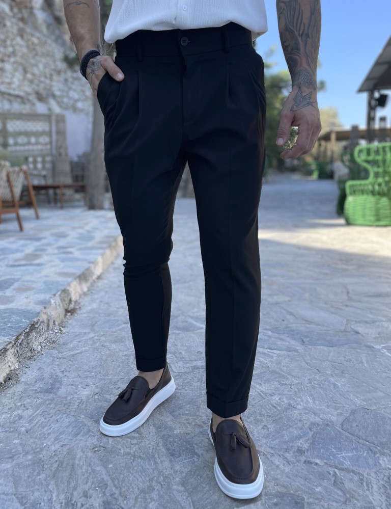 Ανδρικό μαύρο υφασμάτινο παντελόνι με πιέτες και φάσα στην μέση FCL00395 φωτογραφία